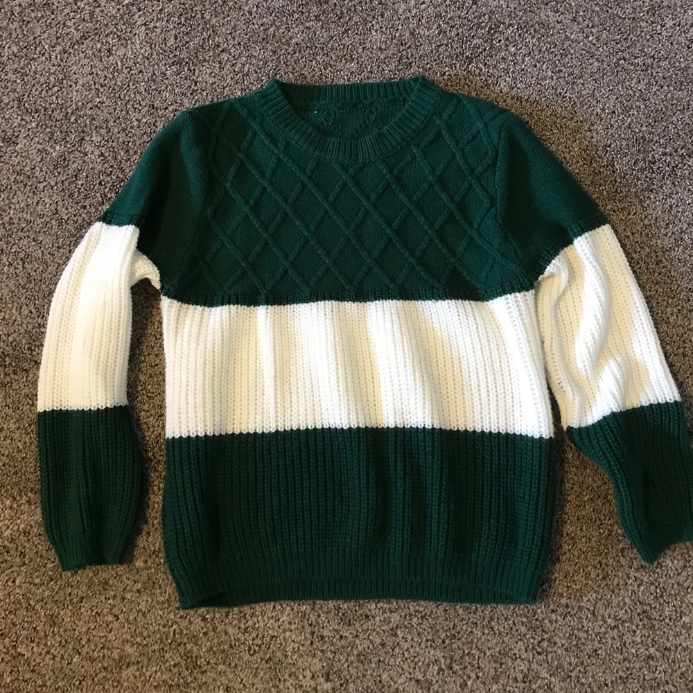 Emerald and cream waffle knit wide stripe sweater